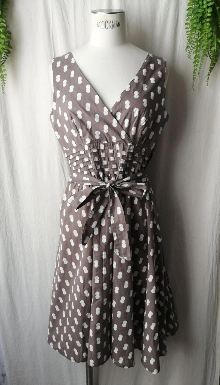 Robe estivale évasée taupe à pois blanc coton stretch "Made in Italy
